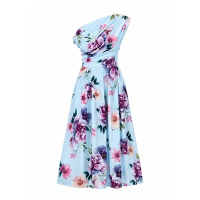 Girl In Mind Women's Betty Asymmetric Neckline Skater Midi Dress Blue Print