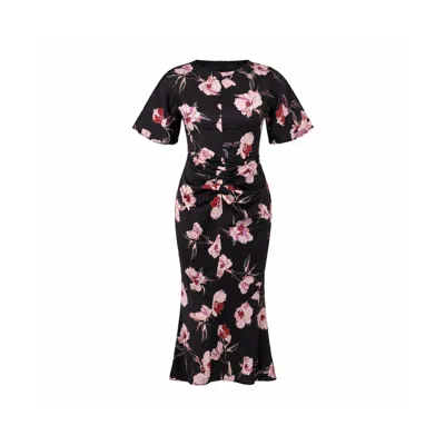 Girl In Mind Women's Black Cleo Ruched Detail Midi Dress In Oriental Floral