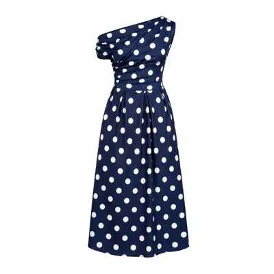 Girl In Mind Women's Blue Betty Asymmetric Neckline Skater Midi Dress Navy Polka In Multi