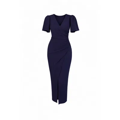 Girl In Mind Women's Blue Freya Puff Sleeve Wrap Neck Ruched Midi Navy