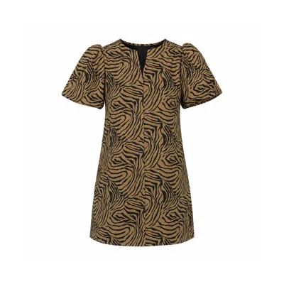 Girl In Mind Women's Brown Kiri Zebra Puff Sleeve Mini Dress Khaki