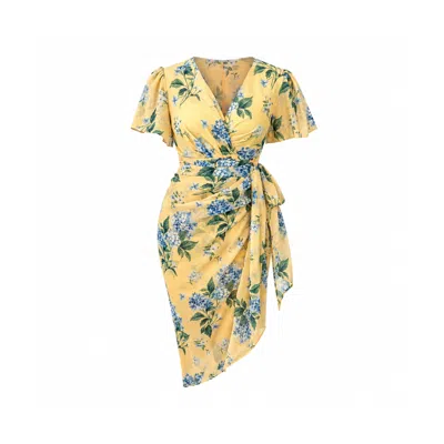 Girl In Mind Women's Drew Puff Sleeve Wrap Front Midi Dress Floral Print Yellow