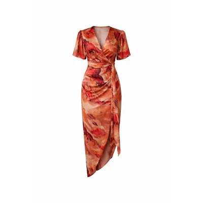 Girl In Mind Women's Drew Puff Sleeve Wrap Front Midi Dress Orange Abstract