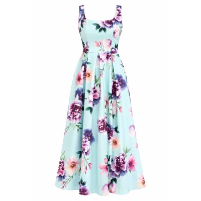 Girl In Mind Women's Erica Square Neck Pleated Midi Dress Blue Floral