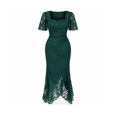 Girl In Mind Women's Heidi Green Lace Ruched Midi Dress