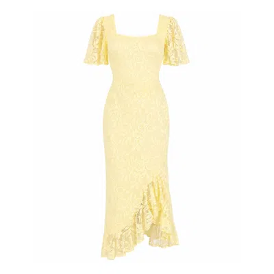 Girl In Mind Women's Heidi Yellow Lace Ruched Midi Dress