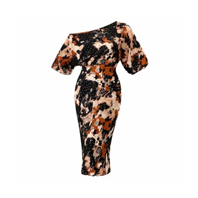 Girl In Mind Women's Leila Off The Shoulder Foiled Print Maxi Brown In Black