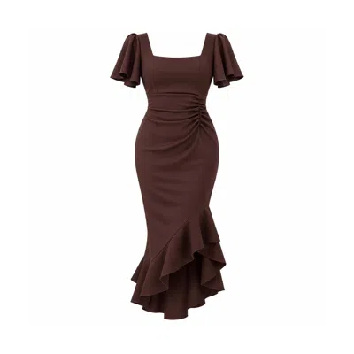 Girl In Mind Women's Leona Square Neck Frill Midi Dress Brown