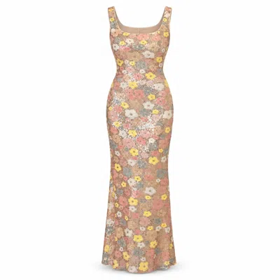 Girl In Mind Women's Lisbon Square Neck Pink & Gold Sequin Midi Dress In Brown