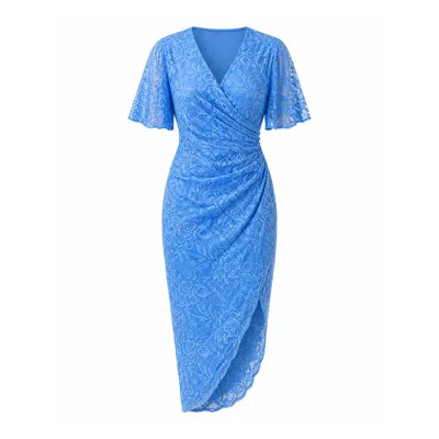 Girl In Mind Women's Natasha Angel Sleeve Wrap Midi Dress In Blue Lace