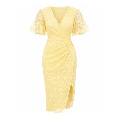 Girl In Mind Women's Natasha Angel Sleeve Wrap Midi Dress In Yellow Lace