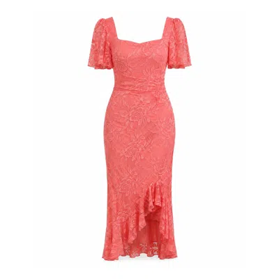 Girl In Mind Women's Orange Heidi Lace Ruched Midi Dress Coral In Pink