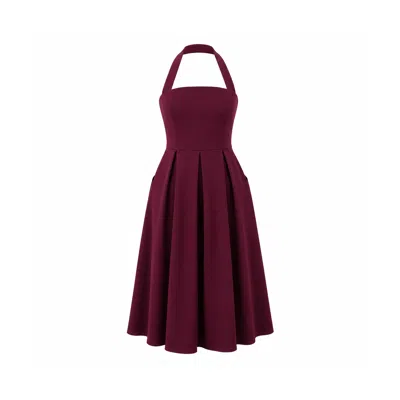 Girl In Mind Women's Red Briar Halterneck Pleated Skirt Midi Dress Plum