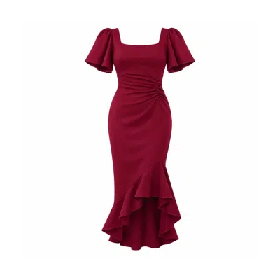 Girl In Mind Women's Red Leona Square Neck Frill Midi Dress Wine