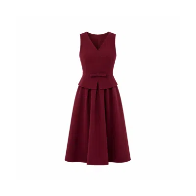 Girl In Mind Women's Red Pearl Bow Detail Midi Dress Berry