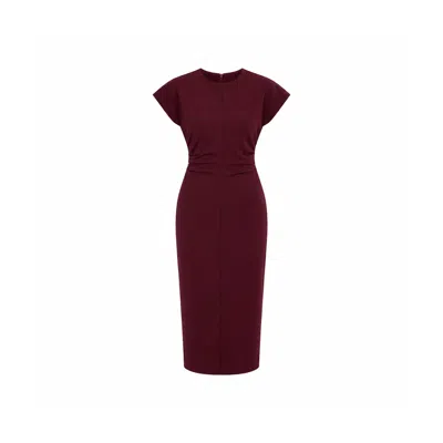 Girl In Mind Women's Red Terri Ruched Waist Short Sleeve Burgundy Midi Dress