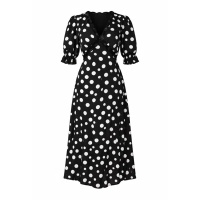 Girl In Mind Women's Sharon V-neck Puff Sleeve Black Polka Midi Dress