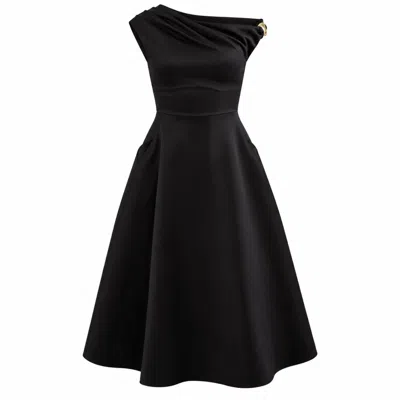 Girl In Mind Women's Tillie Gold Trim Asymmetric Neck Midi Dress Black