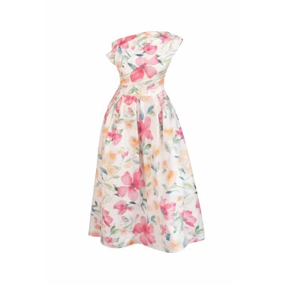 Girl In Mind Women's White Betty Asymmetric Neckline Skater Midi Dress Print