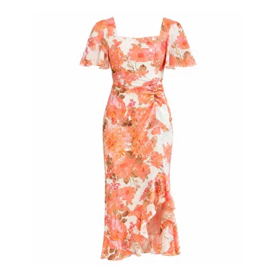 Girl In Mind Women's White Heidi Floral Print Ruched Midi Dress In Orange