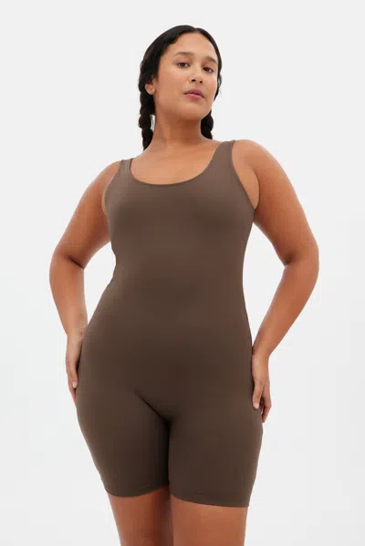 Girlfriend Collective Café Bike Unitard In Brown