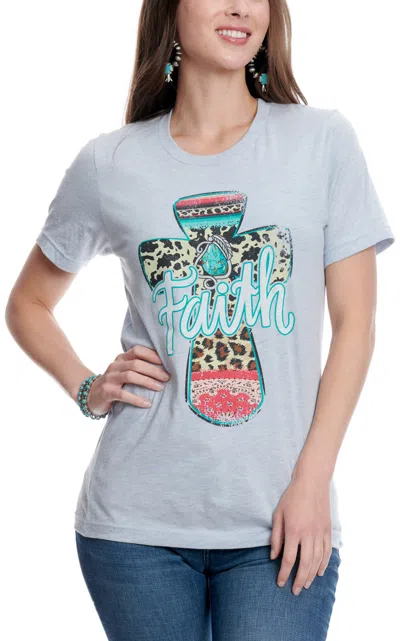 Girlie Girl Lulu Mac Women's Blue-gray Western Print Faith Cross T-shirt