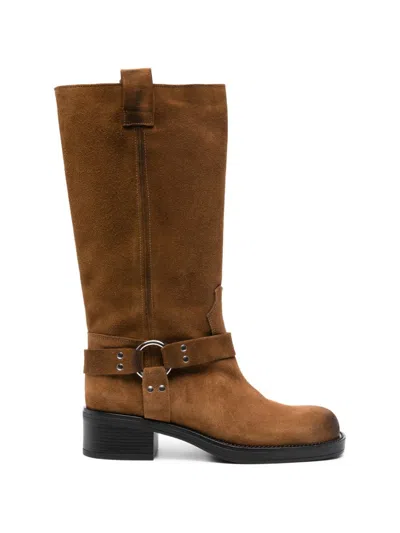 Gisel Moire Biker Boots With Square Toe  In Brown