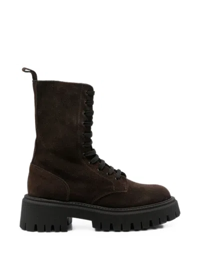 Gisel Moire Brown Suede Ankle Boots With Laces And Side Zip