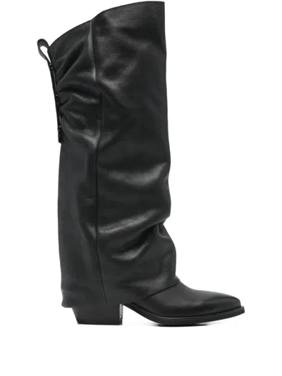 Gisel Moire Hunter Point-toe Heeled Boots In Black