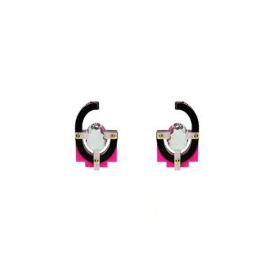 Gissa Bicalho Women's Black / Pink Handmade Acrylic Earring With Oval Cut Stone Pink In Multi