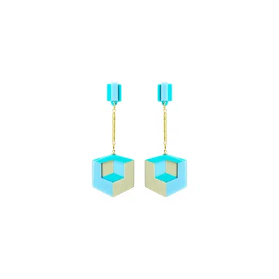 Gissa Bicalho Women's Blue / Neutrals Handmade Acrylic Earring Double Cube Turquoise In Orange