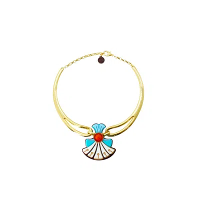 Gissa Bicalho Women's Blue / White Handmade Acrylic Necklace Plastron Gerbera Burgundy In Gold