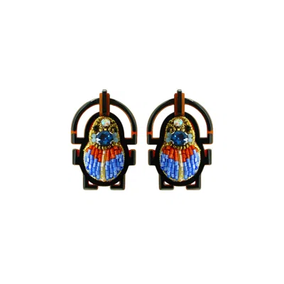 Gissa Bicalho Women's Brown / Blue Handmade Acrylic Earring Scarab Embroidered Topaz In Multi
