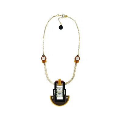 Gissa Bicalho Women's Brown Handmade Acrylic Necklace Choker With Mirrored Rectangular Stone Mustard