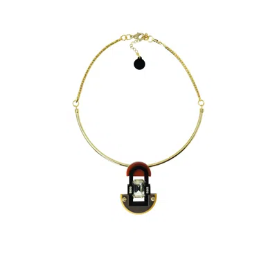 Gissa Bicalho Women's Brown Handmade Acrylic Necklace Pendant Deco Mirror Rectangular Stone Mustard