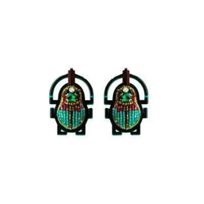 Gissa Bicalho Women's Green / Black Handmade Acrylic Earring Scarab Embroidered Turquoise In Multi