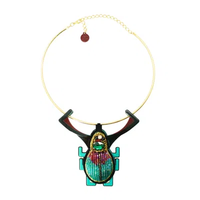 Gissa Bicalho Women's Green / Black Handmade Acrylic Necklace Scarab Embroidered Turquoise In Multi