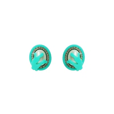 Gissa Bicalho Women's Green Handmade Earring Oval Pearl And Strass Dark Pool