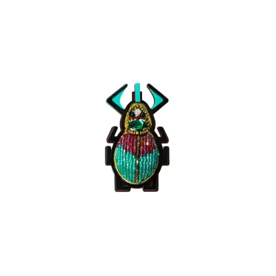 Gissa Bicalho Women's Handmade Acrylic Brooch Embroidered Scarab Burgundy In Black