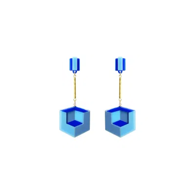 Gissa Bicalho Women's Handmade Acrylic Earring Double Cube Blue In Green