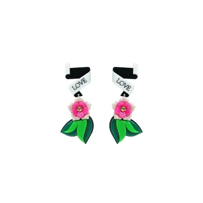 Gissa Bicalho Women's Handmade Acrylic Earring Ribbon And Flower - Pink