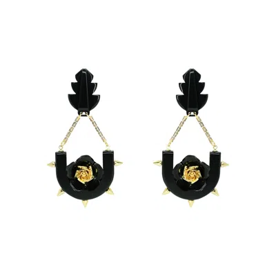 Gissa Bicalho Women's Handmade Acrylic Earring Rose And Leaf - Black 2