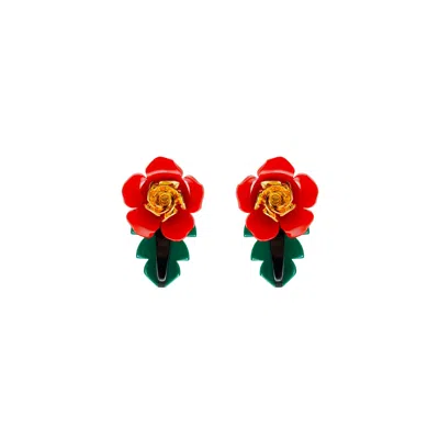Gissa Bicalho Women's Handmade Acrylic Earring Rose And Leaf S - Black And Red