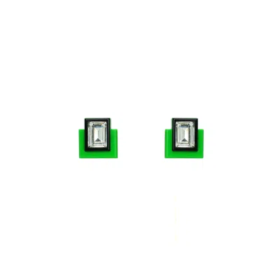 Gissa Bicalho Women's Handmade Acrylic Earring S Deco Rectangular Cut-off Stone Green