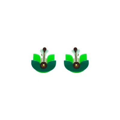 Gissa Bicalho Women's Handmade Acrylic Earring Short Lotus Flower - Green