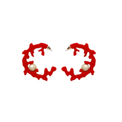 Gissa Bicalho Women's Handmade Acrylic Earrings Hoops Coral & Pearl Red