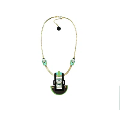 Gissa Bicalho Women's Handmade Acrylic Necklace Choker With Mirrored Rectangular Stone Green