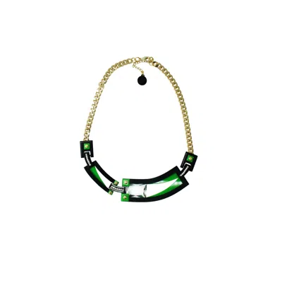 Gissa Bicalho Women's Handmade Acrylic Necklace Deco Choker Rectangular Cut Stone Green