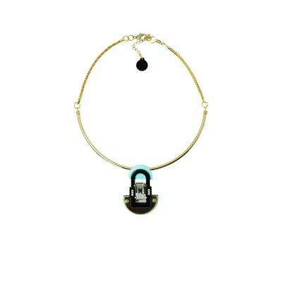 Gissa Bicalho Women's Handmade Acrylic Necklace Pendant Deco Mirror Rectangular Stone Green