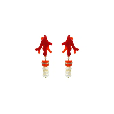 Gissa Bicalho Women's Handmade Earring Coral Pendant And Pearl Red